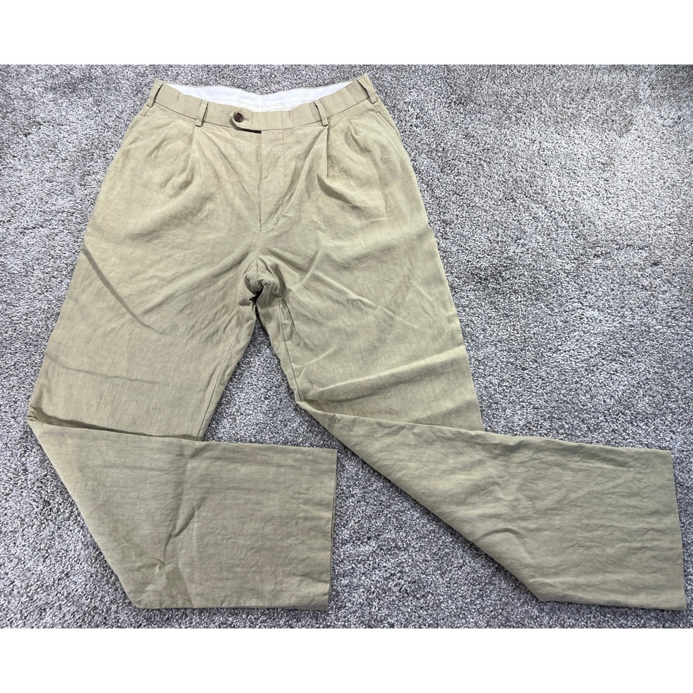 Island Pacific John W Nordstrom Mens 33R Khaki 100% Linen Pleated Trousers Pants